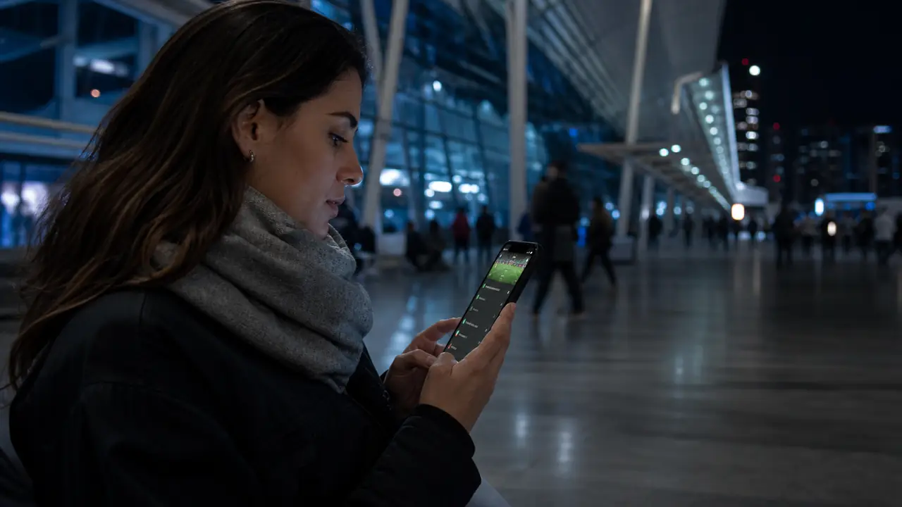 Usuaria adulta consultando una aplicación deportiva móvil durante un viaje nocturno