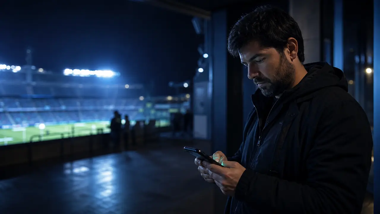 Aficionado adulto consultando estadísticas deportivas en vivo desde un estadio